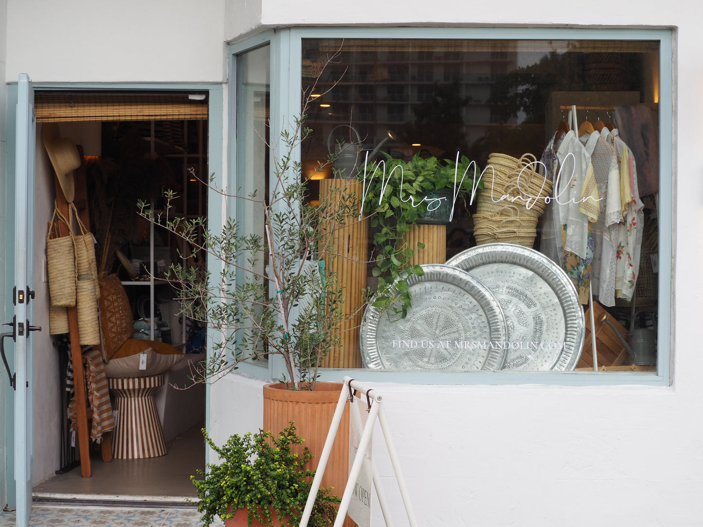 Exterior of Mrs. Mandolin boutique in the Miami Design District that exudes all things Mediterranean
