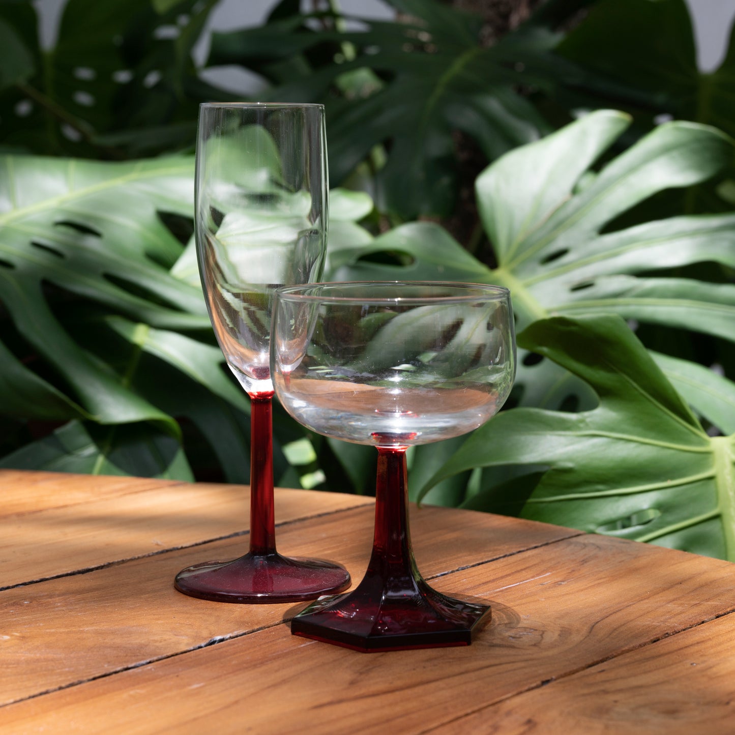 Cherry Red & Clear Champagne Flutes - Vintage