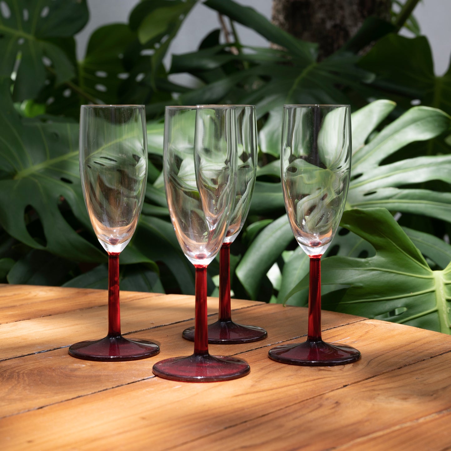 Cherry Red & Clear Champagne Flutes - Vintage