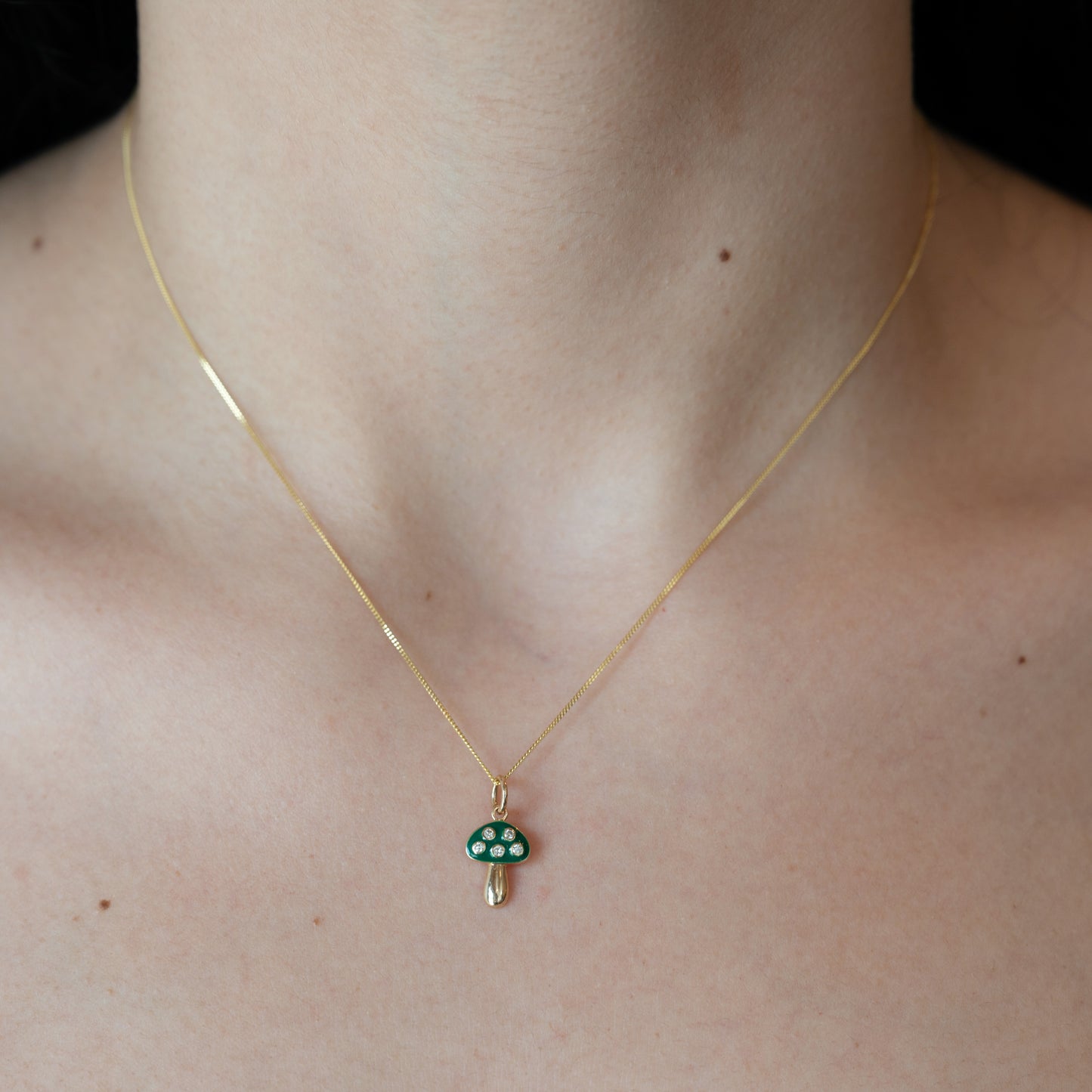 Mini Mushroom w/Diamonds 14k Gold Chain Necklace