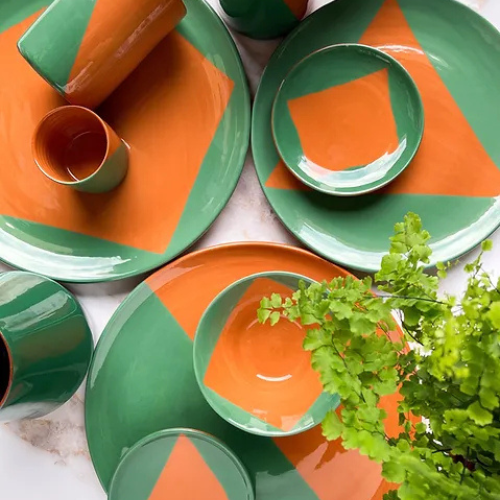 Dipped Pentagon Plate in Beige & Green | Set of 2
