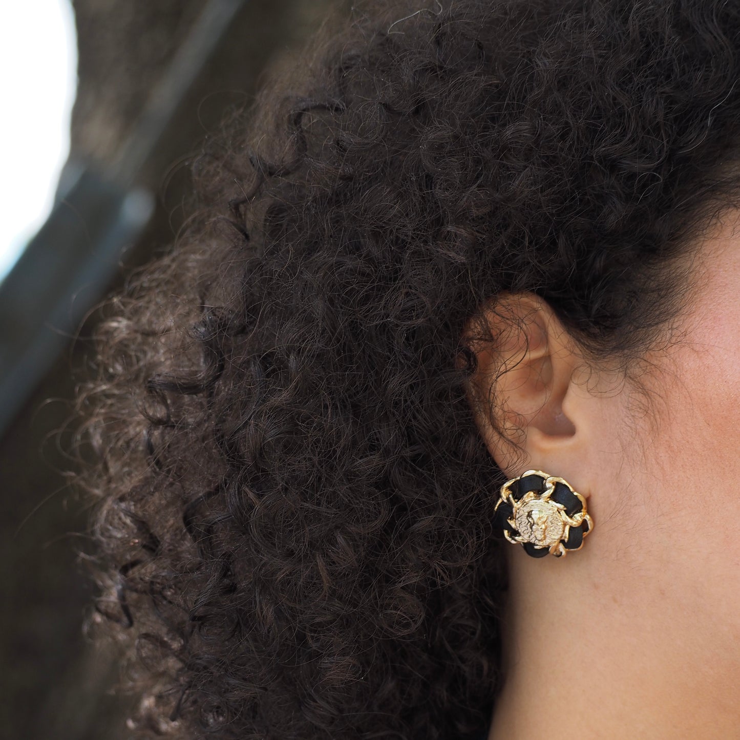 LionHead & Leather Chain Circle Earrings | Gold / Black