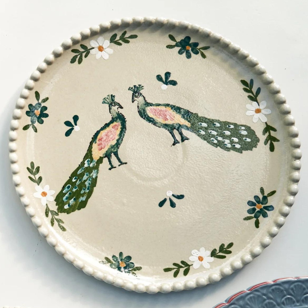 Handpainted Ivory Peacocks Dinner Plate