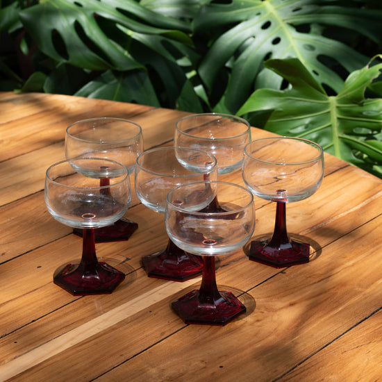 Cherry Red/Clear Hexagonal Wine Goblets - Vintage