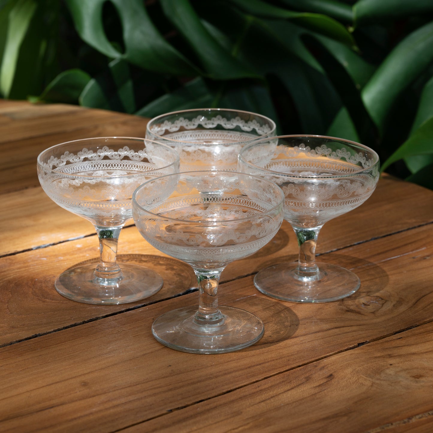 Vintage Etched Clear Crystal Champagne Coupe Glasses