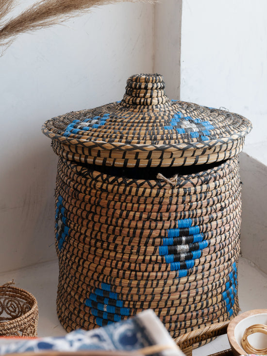 Moroccan Woven Basket w/Blue Accents