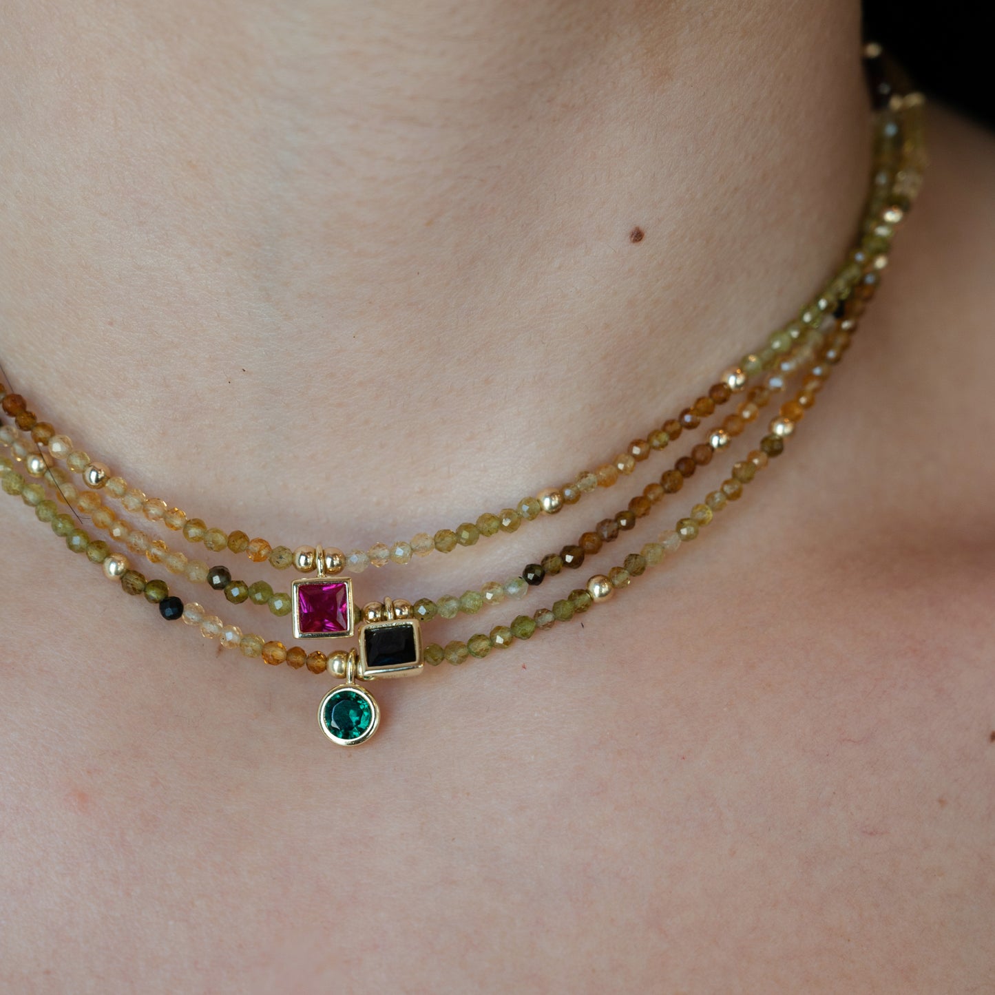 Load image into Gallery viewer, Green Tone Stones, Gold Beads &amp;amp; Charm Necklace

