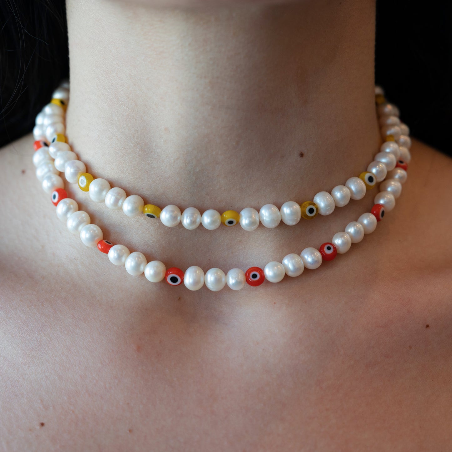 Load image into Gallery viewer, Pearls &amp;amp; Colored Evil Eyes Necklace
