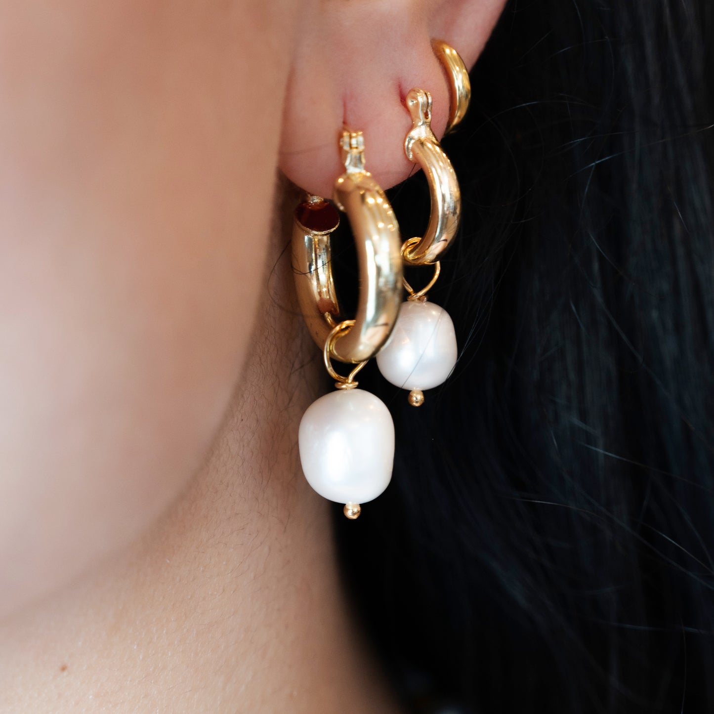 Pearl Drop Gold Hoops
