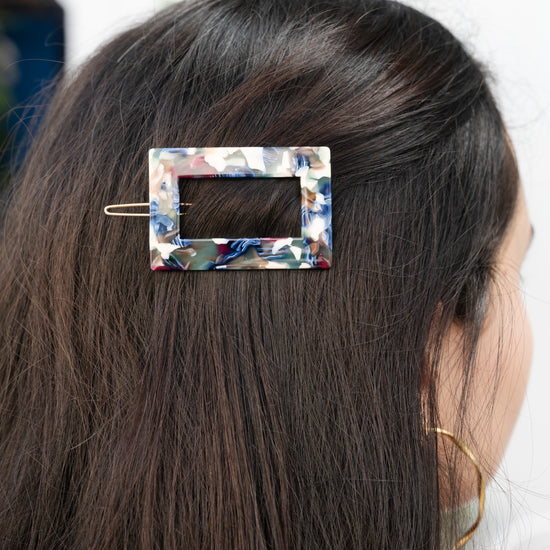 Acrylic Rectangular Hair Pin - Blue/Multi/Gold