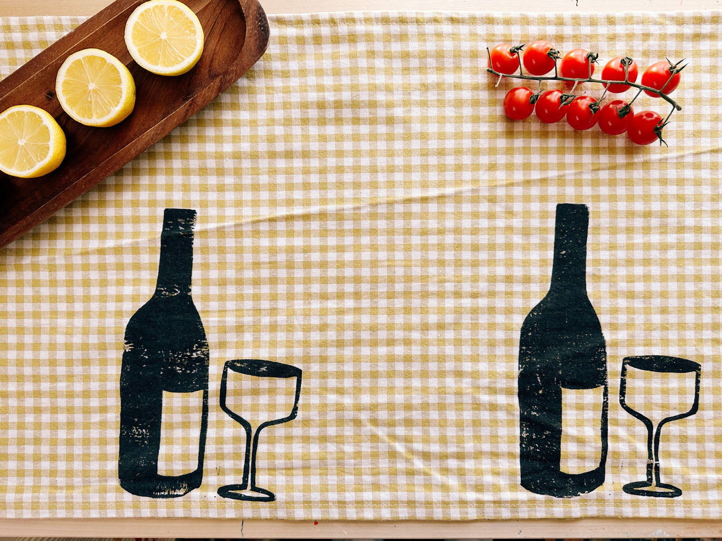 Wine on Mustard Gingham Table Runner