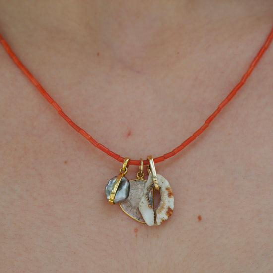 Coral, Shell, Pearl and Diamond 14k Gold Necklace