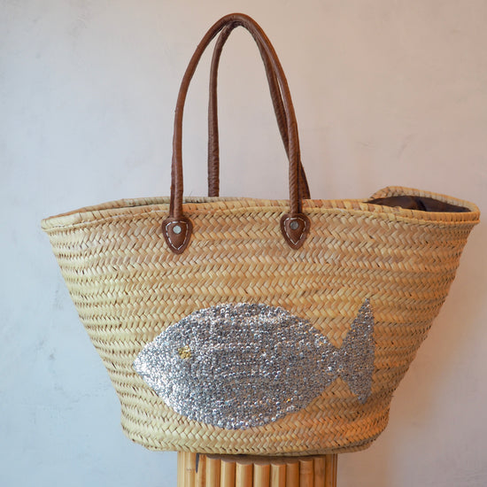 Mrs. Finds Natural Tote Bag with Silver Fish