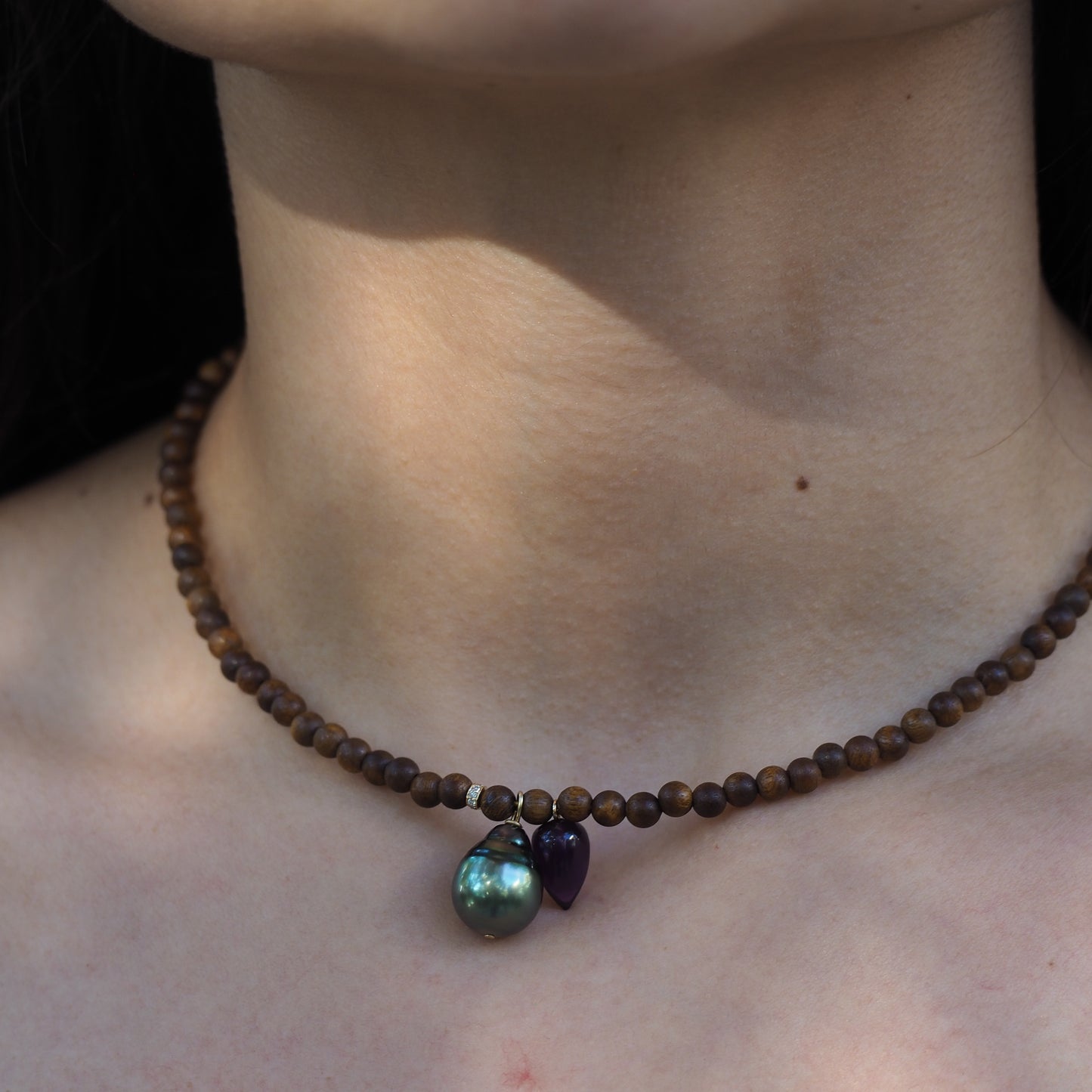 Wood, Amethyst & Tahitian Pearl Necklace