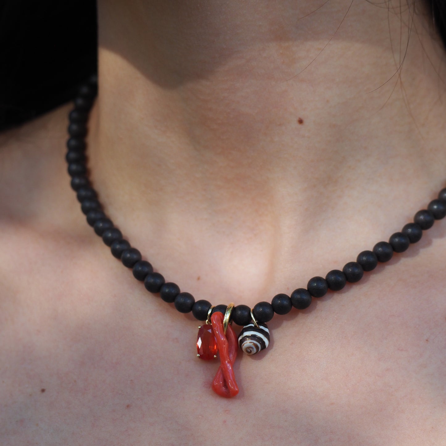 Ebony Wood, Sapphire & Coral Necklace