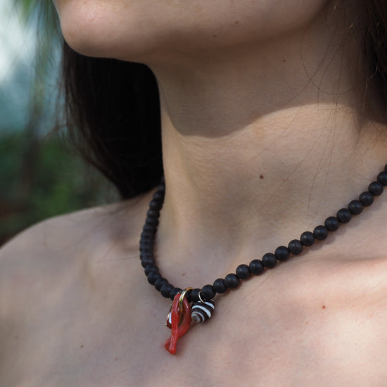 Ebony Wood, Sapphire & Coral Necklace