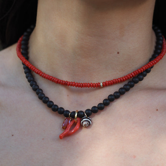 Ebony Wood, Sapphire & Coral Necklace