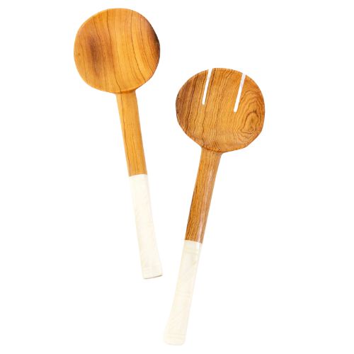 Wood Salad Servers White Bone Handles