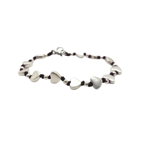 Silver Hearts Bracelet | Black Cord
