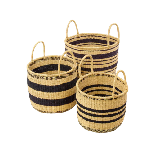 Striped Natural Basket With Blue Lines
