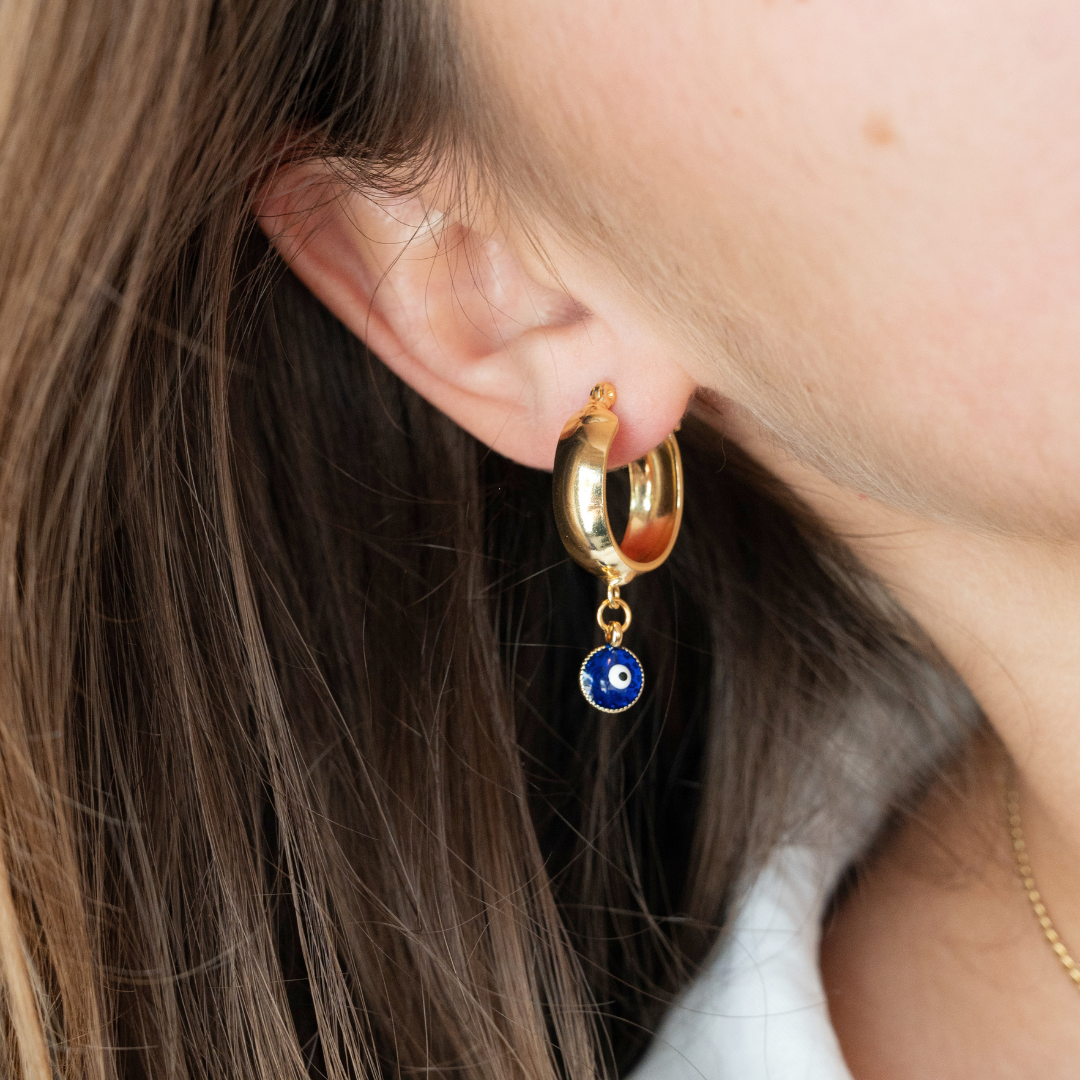 Gold Hoops with Evil Eye Charms