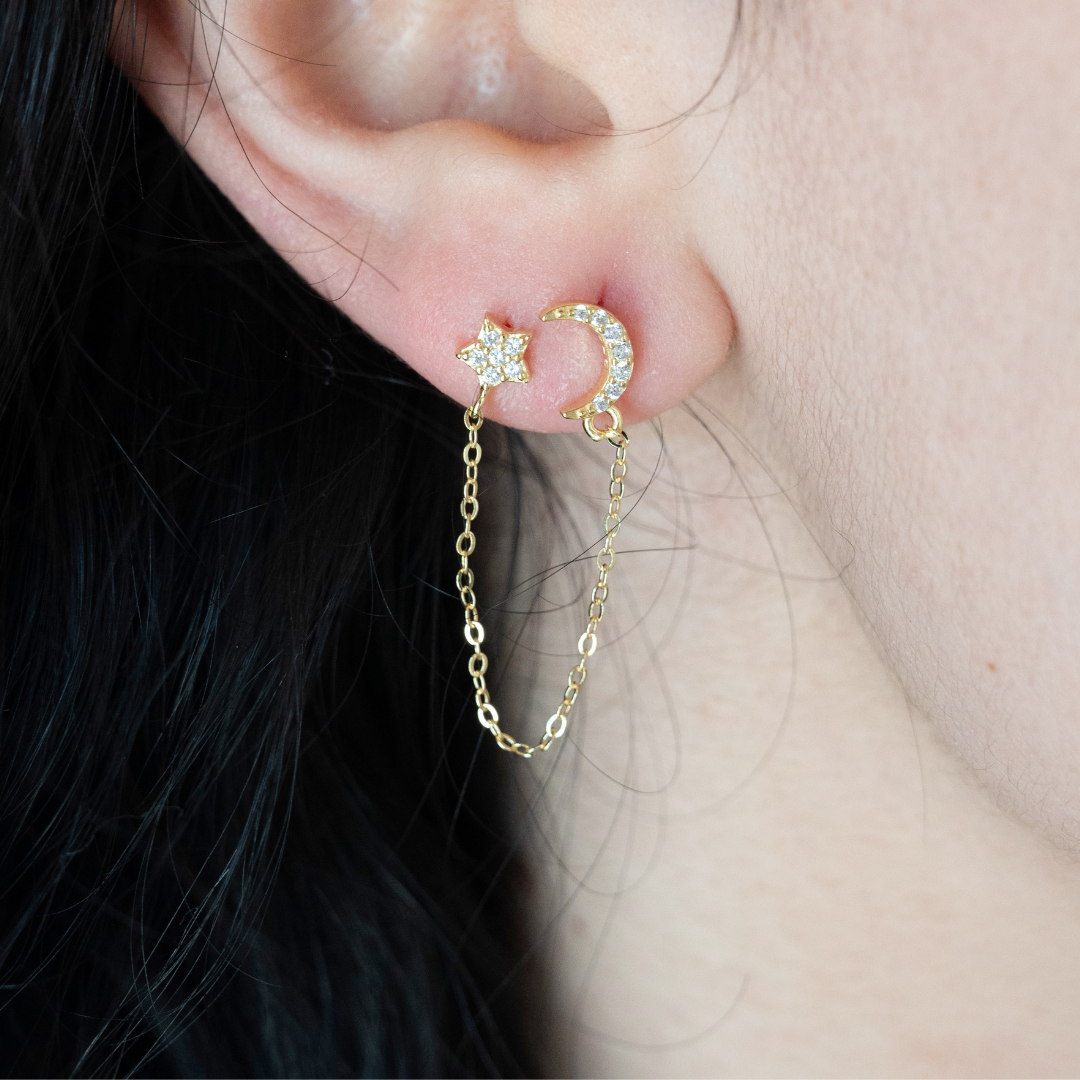 Single Chained Gold Moon CZ x Star CZ - Earring