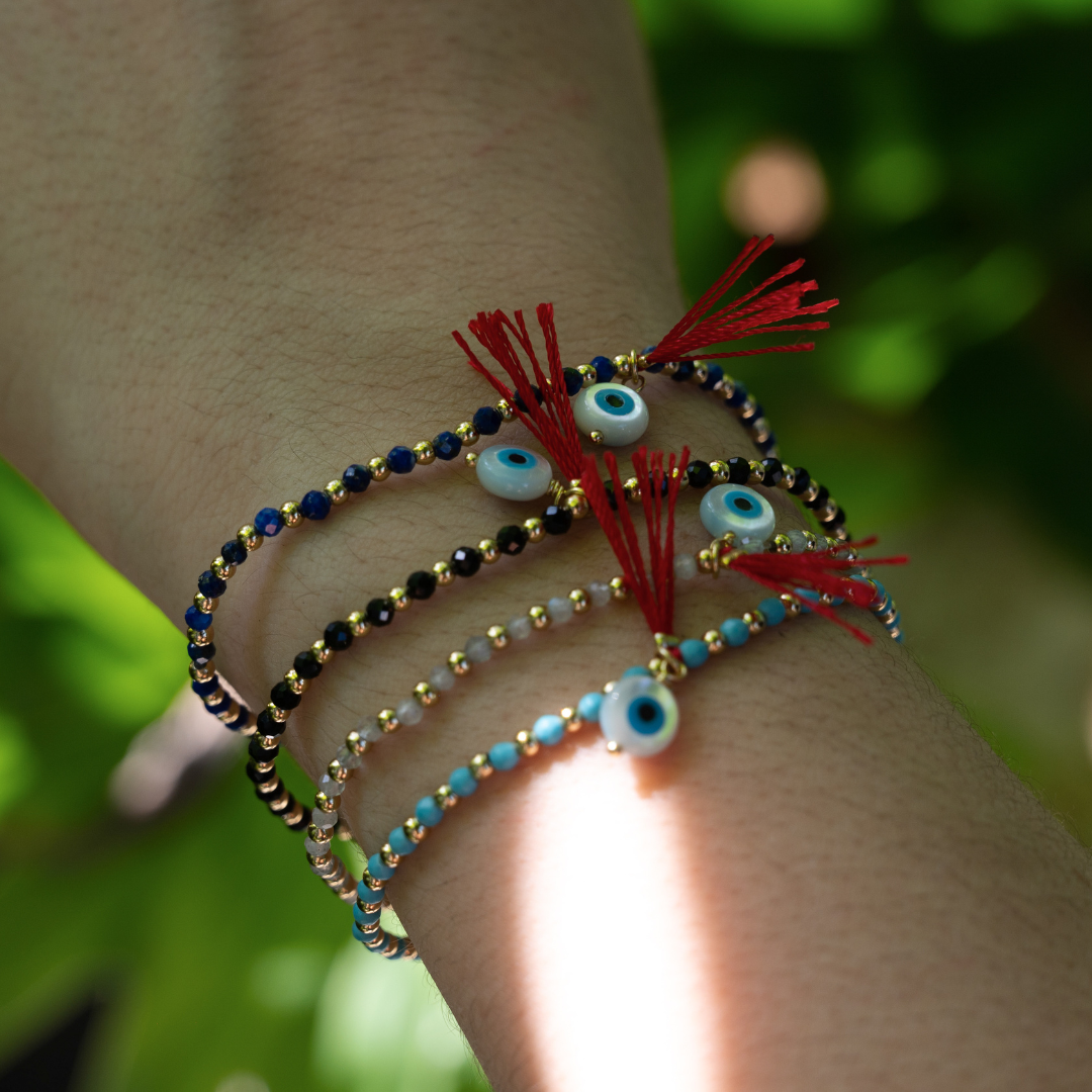 Load image into Gallery viewer, Color &amp;amp; Gold Beads Bracelets w/Evil Eye, Red String Charms
