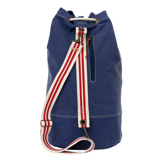 Blue Duffle Bag with Striped Strap