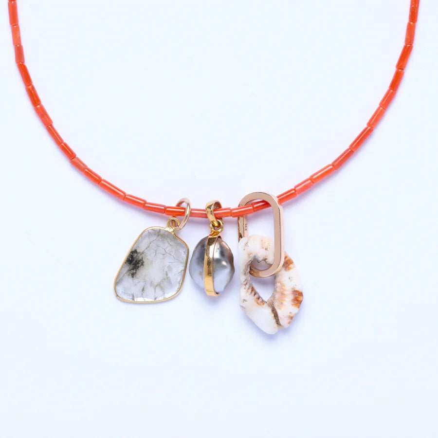 Coral, Shell, Pearl and Diamond 14k Gold Necklace