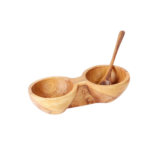 Double Wood Condiment Bowl with Long Spoon