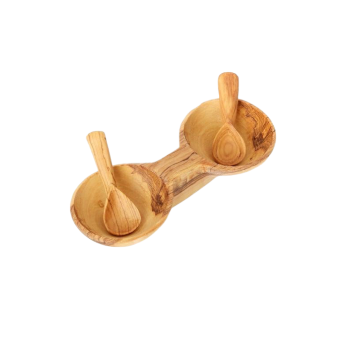 Double Wood Condiment Bowl with Long Spoon